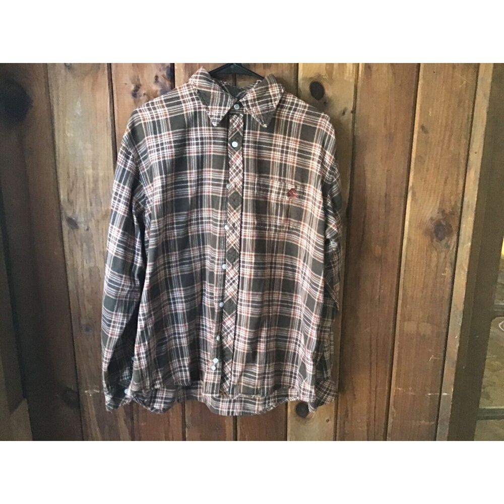 Old Country Inn Brown Plaid Flannel Shirt Size L 100% Cotton Western Outdoors